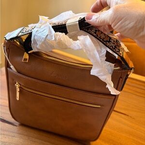 Brown Crossbody Bag with Patterned Strap